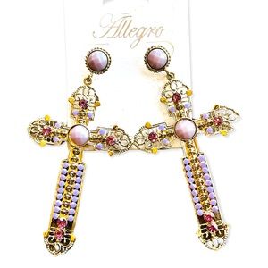 NEW Lilac Gold Tone Cross Dangle Earrings Renaissance Regency Religious